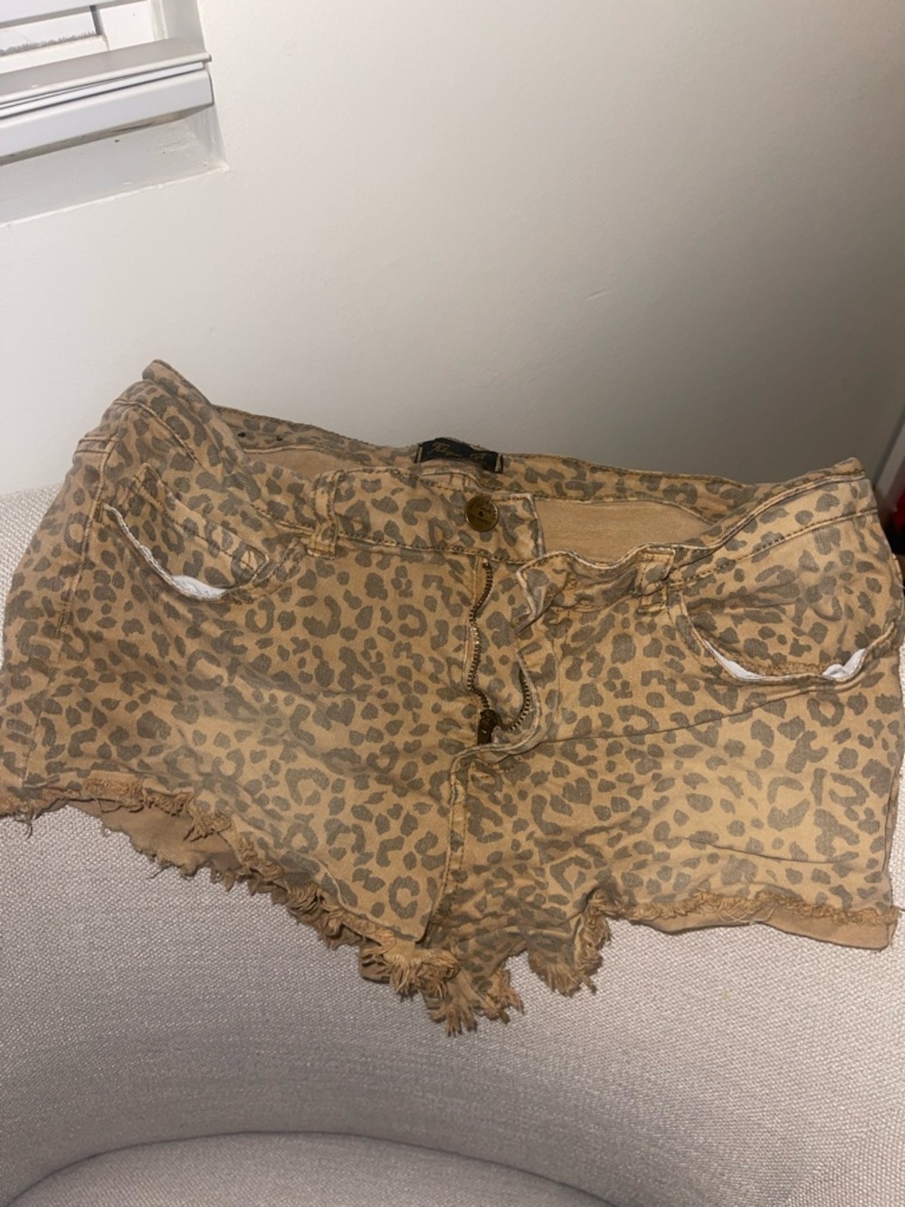 Leopard Print Frayed Hem Women's Jean booth Shorts - Tan